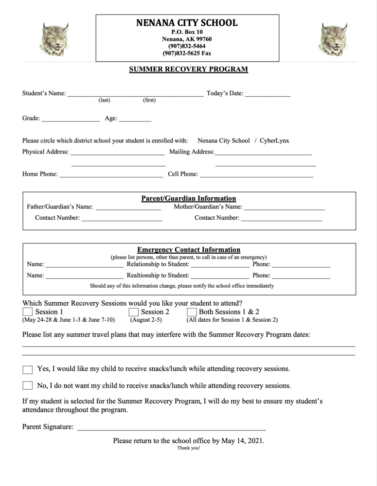 Summer Recovery Registration Form