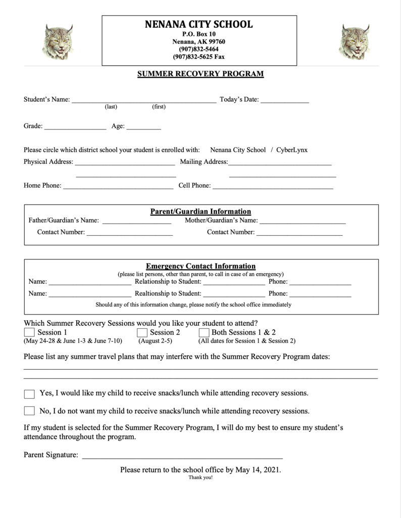 Summer Recovery Registration Form