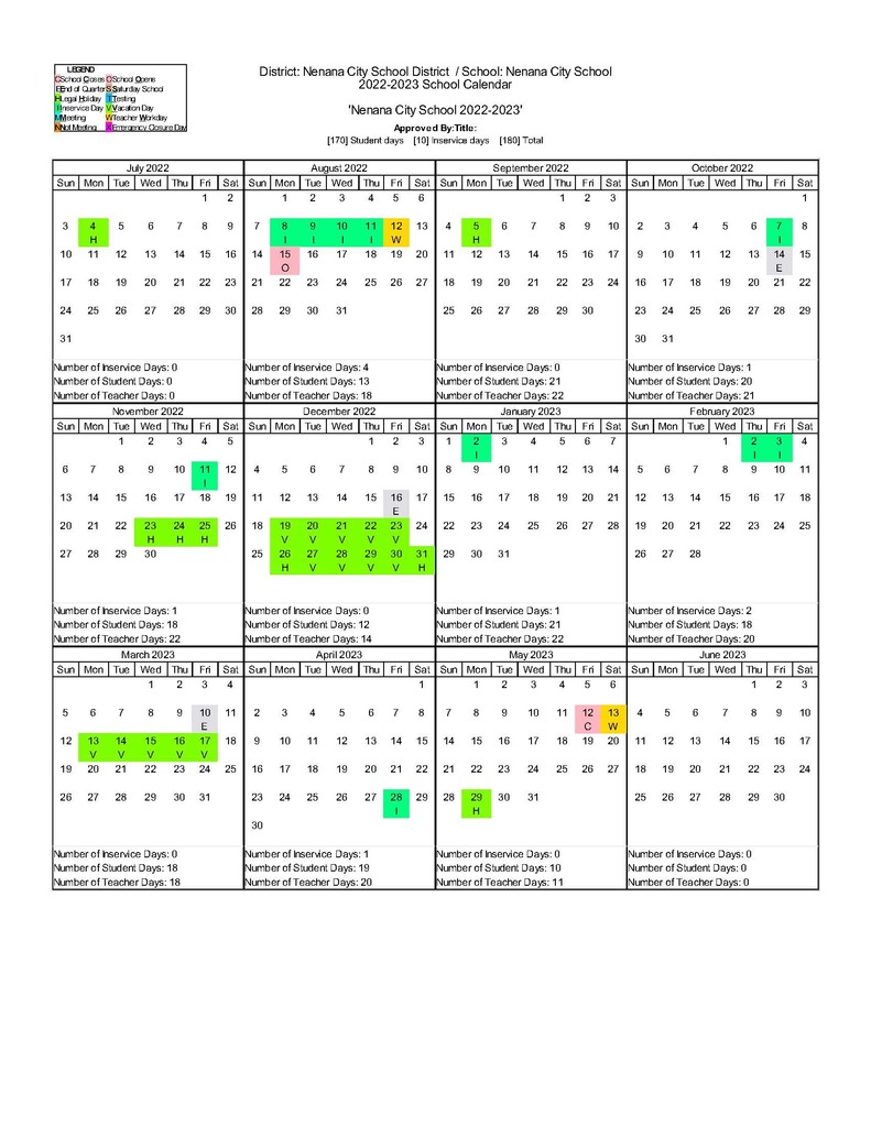 2022-2023 Nenana School Calendar
